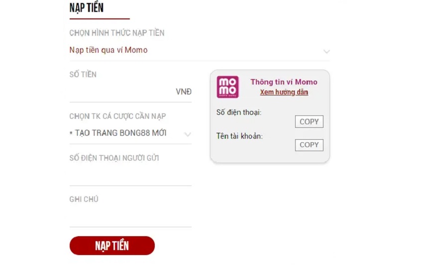 Gui tien Bong88 qua vi dien tu